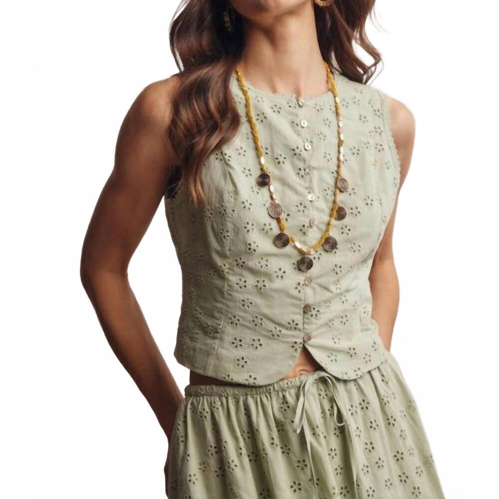NEW FORTE eyelet button-front top in green